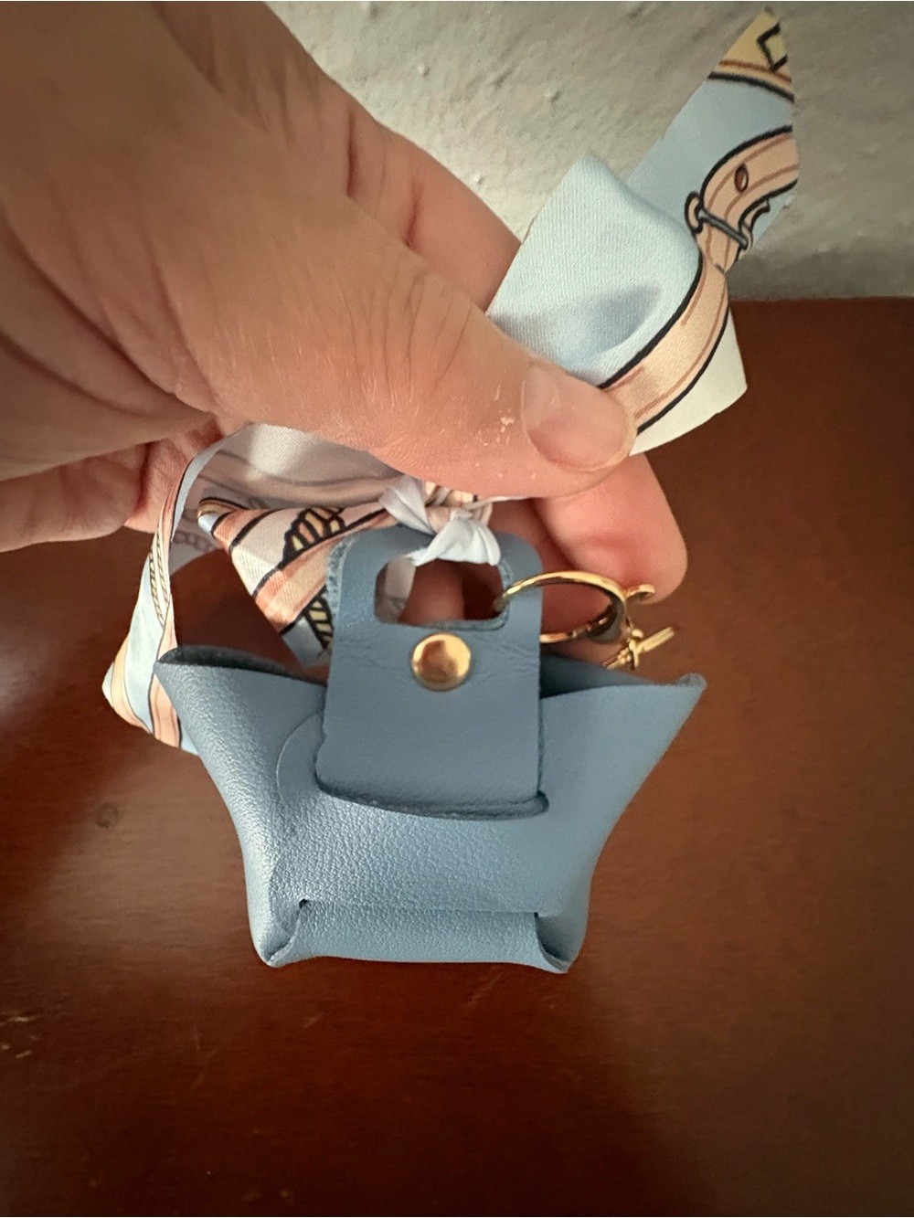 NWOT Blue Mini Leather Purse Charm / Keychain Bag with scarf accent